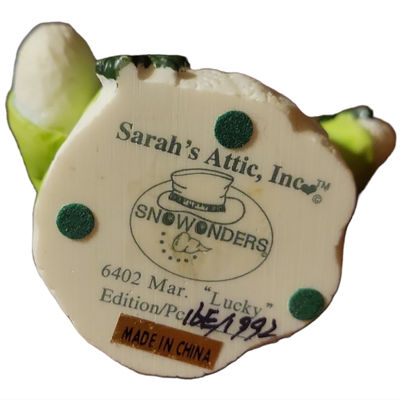 Vtg 98 Sarah's Attic SNOWONDERS Figurine March LUCKY 6402 St. Patrick’s Snowman - Picture 6 of 6
